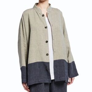 Eskandar Linen Mandarin CollarJacket Pockets Taupe Blue Sz 1 L-XL. As New New